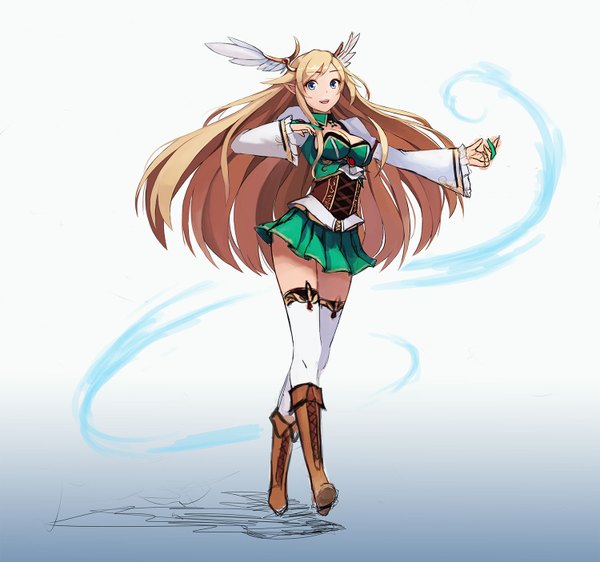 Anime picture 1500x1406 with original nuclear warhead (anti) single long hair looking at viewer blue eyes blonde hair wind zettai ryouiki head wings girl thighhighs skirt miniskirt wings boots corset