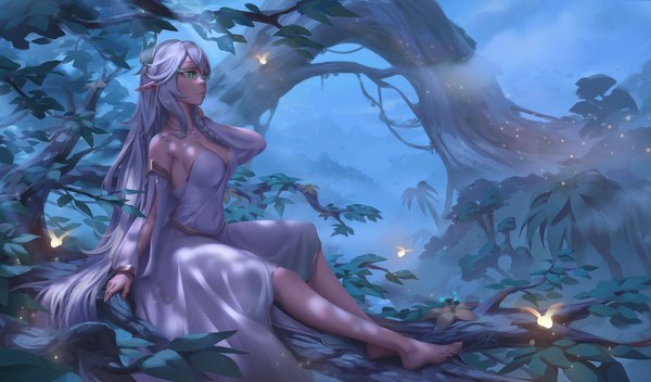 Anime picture 1936x1135 with genshin impact rukkhadevata (genshin impact) stormstx single fringe highres breasts hair between eyes wide image large breasts sitting green eyes signed looking away cleavage silver hair full body outdoors braid (braids) very long hair