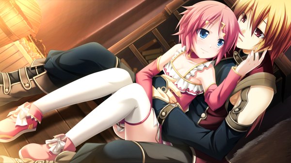 Anime picture 1024x576 with kamidori alchemy meister short hair blue eyes red eyes wide image pink hair game cg orange hair loli couple girl thighhighs boy white thighhighs