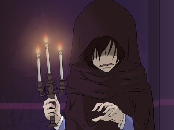 Anime picture 1600x1200 with ouran high school host club studio bones nekozawa umehito single fringe short hair brown hair holding indoors vector boy hood cape fire candle (candles)