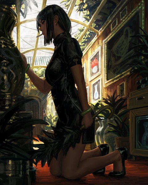 Anime picture 3277x4096 with original guweiz single long hair tall image fringe highres black hair holding payot looking away absurdres full body indoors braid (braids) profile lips black eyes realistic short sleeves