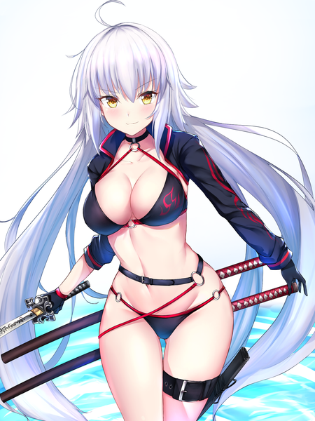 Anime picture 1633x2179 with fate (series) fate/grand order jeanne d'arc (fate) (all) jeanne d'arc alter (fate) jeanne d'arc alter (swimsuit berserker) (fate) agibe single tall image looking at viewer blush fringe breasts light erotic simple background smile hair between eyes standing white background holding yellow eyes