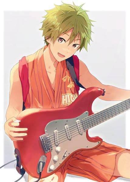 Anime picture 640x896 with idolmaster idolmaster side-m akiyama hayato map (map imas) single tall image fringe short hair open mouth simple background smile hair between eyes sitting holding traditional clothes head tilt :d japanese clothes pink eyes green hair