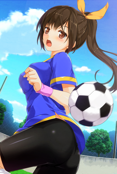 Anime picture 1220x1820 with original uzuki hiro single long hair tall image looking at viewer fringe breasts open mouth light erotic brown hair large breasts brown eyes payot sky cloud (clouds) ass ponytail looking back shiny clothes