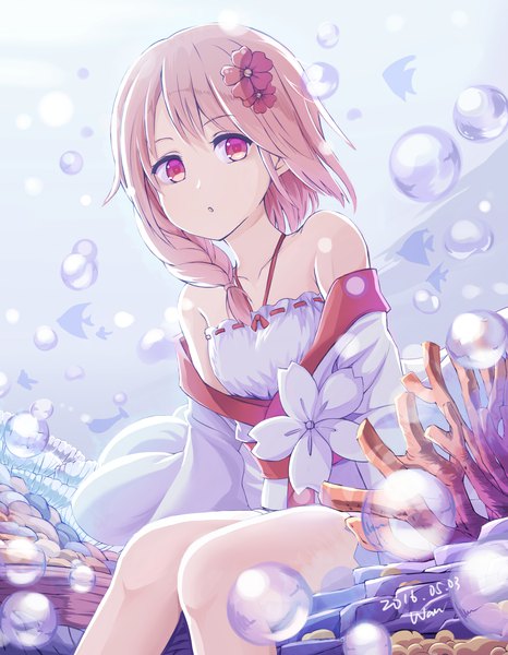 Anime picture 2510x3227 with sergestid shrimp in tungkang xuan ying wan single long hair looking at viewer fringe red eyes sitting bare shoulders pink hair bent knee (knees) braid (braids) traditional clothes japanese clothes hair flower off shoulder :o single braid dated