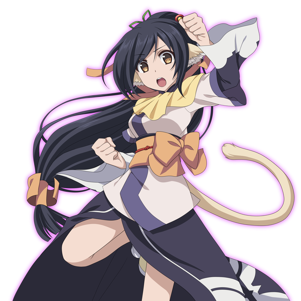 Anime picture 1800x1800 with utawareru mono: itsuwari no kamen white fox kuon (utawareru mono) soraeda single long hair looking at viewer highres open mouth black hair simple background brown eyes animal ears bent knee (knees) tail traditional clothes japanese clothes animal tail standing on one leg girl