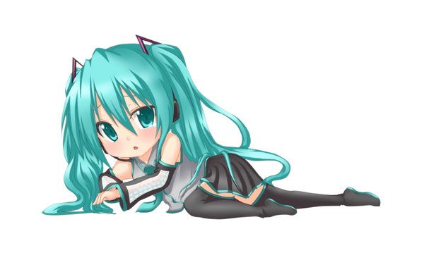 Anime picture 2084x1282 with vocaloid hatsune miku kuena long hair highres simple background wide image white background twintails aqua eyes aqua hair chibi girl detached sleeves
