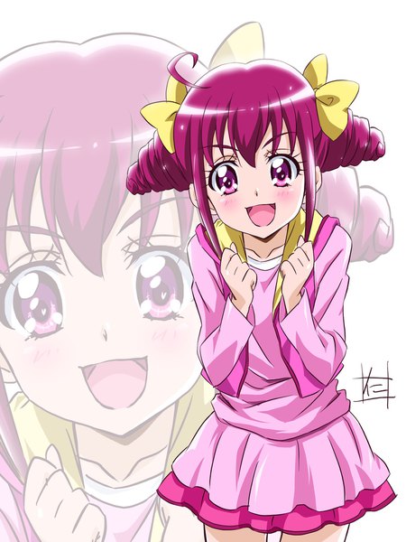 Anime picture 1536x2046 with precure smile precure! toei animation hoshizora miyuki nii manabu single tall image looking at viewer blush short hair open mouth signed payot pink hair ahoge :d pink eyes hair bun (hair buns) zoom layer girl