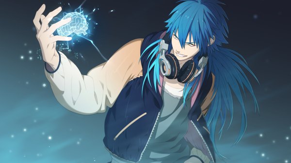 Anime picture 2048x1152 with dramatical murder nitro+chiral aoba (dmmd) single long hair highres wide image yellow eyes blue hair grin magic boy jacket headphones