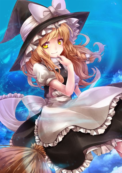 Anime picture 1000x1414 with touhou kirisame marisa sakura ran single long hair tall image blonde hair smile yellow eyes looking away sky cloud (clouds) braid (braids) single braid blue background flying witch girl skirt hat