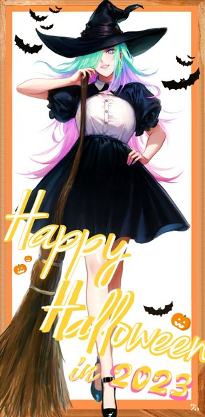 Anime picture 1600x3250 with original kt68339720 single long hair tall image fringe pink hair full body aqua eyes hair over one eye aqua hair puffy sleeves hand on hip text border gradient hair halloween english witch 2023