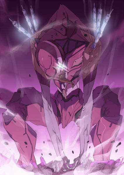 Anime picture 1240x1753 with neon genesis evangelion rebuild of evangelion evangelion: 2.0 you can (not) advance evangelion: 3.0 you can (not) redo end of evangelion gainax eva 02 single tall image standing horn (horns) teeth fang (fangs) grin sharp teeth eyes giant tongue armor monster