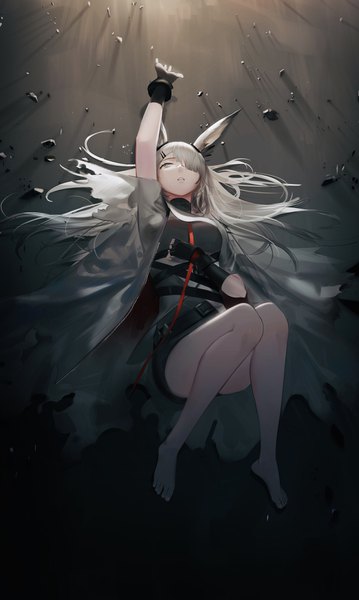 Anime picture 2280x3808 with arknights frostnova (arknights) leiq single long hair tall image fringe highres animal ears full body lying parted lips barefoot arm up from above grey hair hair over one eye open clothes bare legs on back