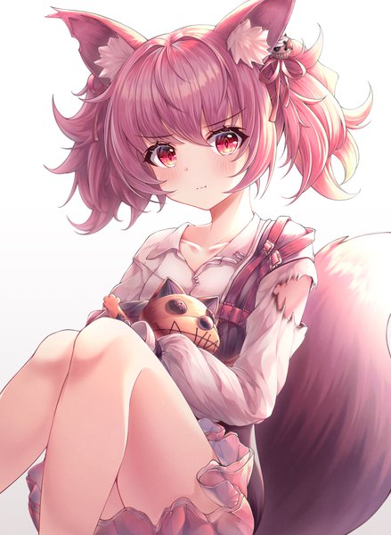 Anime picture 2928x4000 with arknights shamare (arknights) morte (arknights) ichizon single tall image looking at viewer blush fringe highres short hair simple background hair between eyes red eyes white background sitting twintails animal ears pink hair bent knee (knees)