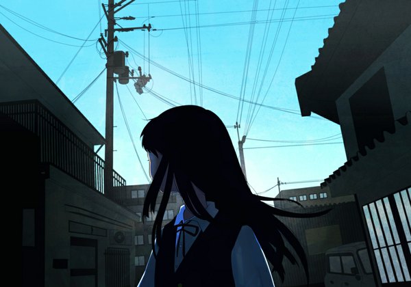 Anime picture 1000x700 with original mamiya chiyoko single long hair black hair sky looking back city cityscape girl building (buildings) ground vehicle wire (wires) blouse car house power lines