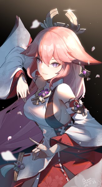 Anime picture 3274x6001 with genshin impact yae miko chiyo akira single long hair tall image fringe highres breasts simple background hair between eyes purple eyes animal ears looking away pink hair absurdres traditional clothes japanese clothes fox ears sideboob