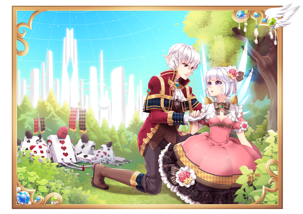 Anime picture 1500x1061 with original saban short hair red eyes purple eyes multiple girls white hair pointy ears couple girl dress 2 girls plant (plants) wings tree (trees) card (cards)
