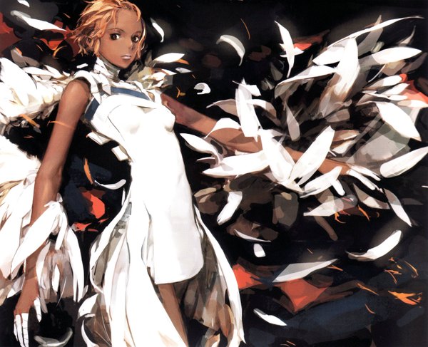Anime picture 3000x2435 with original panamaman single highres short hair blonde hair red eyes scan dark skin girl wings feather (feathers)