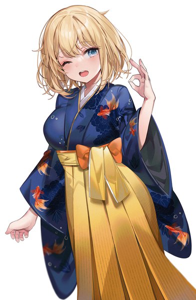 Anime picture 981x1500 with virtual youtuber hololive hololive english watson amelia machi (7769) single tall image short hair open mouth blue eyes simple background blonde hair white background traditional clothes japanese clothes one eye closed official alternate costume ;d animal print messy hair