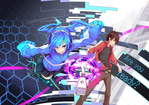 Anime picture 4093x2894 with kagerou project shaft (studio) ene (kagerou project) kisaragi shintarou fu-ta long hair fringe highres short hair blue eyes smile brown hair twintails blue hair absurdres long sleeves pleated skirt open clothes open jacket zettai ryouiki