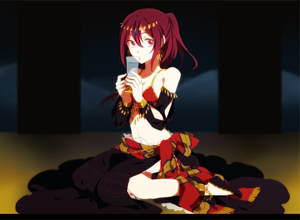 Anime picture 1085x796 with free! kyoto animation matsuoka gou inoue nanao single long hair red eyes brown hair sitting bare shoulders ponytail bare belly wariza dark background girl hair ornament detached sleeves water jewelry wine glass