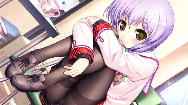 Anime picture 1280x720 with daitoshokan no hitsujikai misono senri bekkankou blush short hair light erotic wide image brown eyes game cg purple hair pantyshot pantyshot sitting girl uniform underwear panties school uniform pantyhose