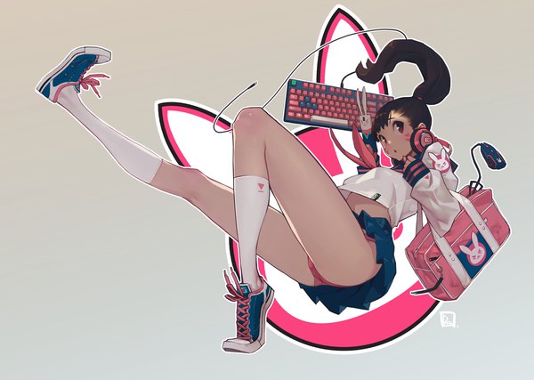 Anime picture 1516x1081 with overwatch blizzard entertainment d.va (overwatch) dutomaster single long hair open mouth light erotic black hair simple background brown eyes signed looking away bent knee (knees) ponytail long sleeves pleated skirt alternate costume facial mark whisker markings