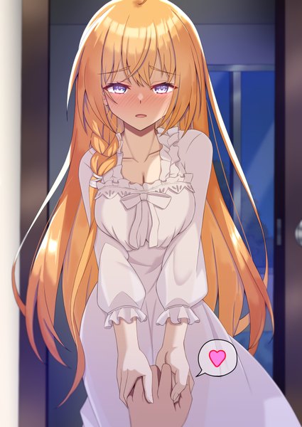 Anime picture 627x885 with princess connect! re:dive princess connect! pecorine (princess connect!) iseshi long hair tall image looking at viewer blush fringe breasts open mouth blue eyes light erotic hair between eyes large breasts standing braid (braids) orange hair night embarrassed