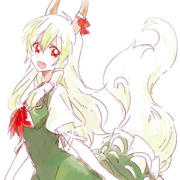 Anime picture 1000x1000 with touhou kamishirasawa keine ex-keine six (fnrptal1010) single long hair blush open mouth simple background red eyes white background looking away tail animal tail horn (horns) green hair teeth fang (fangs) girl dress