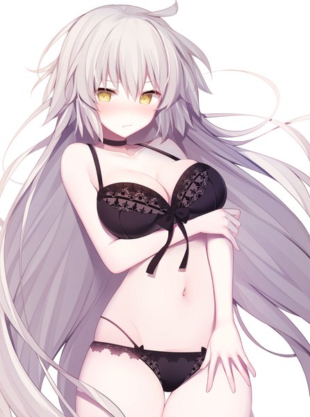 Anime picture 858x1155 with fate (series) fate/grand order jeanne d'arc (fate) (all) jeanne d'arc alter (fate) miko (royal milk) single tall image looking at viewer blush fringe breasts light erotic simple background hair between eyes large breasts white background yellow eyes payot cleavage silver hair