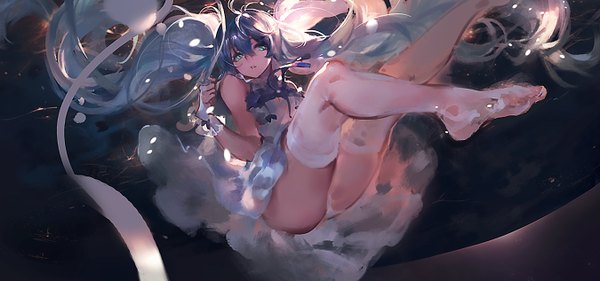 Anime picture 1350x633 with vocaloid hatsune miku kishiyo single looking at viewer light erotic wide image white background twintails very long hair aqua eyes aqua hair pantyshot no shoes leg lift (legs lift) revision space girl thighhighs dress