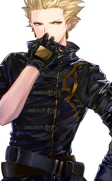 Anime-Bild 2480x4000 mit fate (series) fate/stay night gilgamesh (fate) tarao (13raven) single tall image looking at viewer highres short hair simple background blonde hair red eyes standing white background signed upper body covered mouth spiked hair popped collar boy