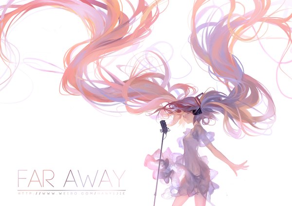 Anime picture 1400x990 with vocaloid hatsune miku hanyijie single simple background white background twintails pink hair eyes closed very long hair wind inscription see-through silhouette girl headphones microphone microphone stand