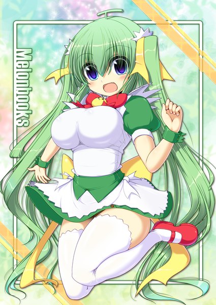Anime picture 1254x1771 with melonbooks melon-chan shuz (dodidu) single long hair tall image blush breasts open mouth blue eyes light erotic large breasts twintails green hair girl thighhighs ribbon (ribbons) hair ribbon white thighhighs bowtie