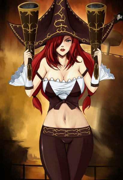 Anime picture 760x1110 with league of legends miss fortune (league of legends) metalbolic (kinzo) single long hair tall image looking at viewer fringe breasts light erotic large breasts green eyes red hair lips hair over one eye bare belly midriff lipstick red lipstick pirate