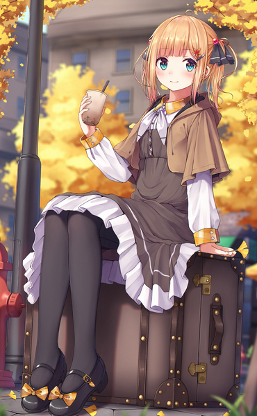 Anime picture 2053x3331 with original hoshino sora (n2) n2 (yf33) single tall image looking at viewer blush fringe highres short hair blue eyes blonde hair sitting twintails blunt bangs short twintails autumn girl bow pantyhose