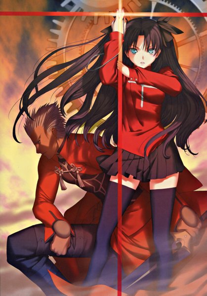 Anime picture 4049x5794 with fate (series) fate/stay night studio deen type-moon toosaka rin archer (fate) long hair tall image looking at viewer highres short hair blue eyes twintails looking away absurdres white hair lips teeth zettai ryouiki girl