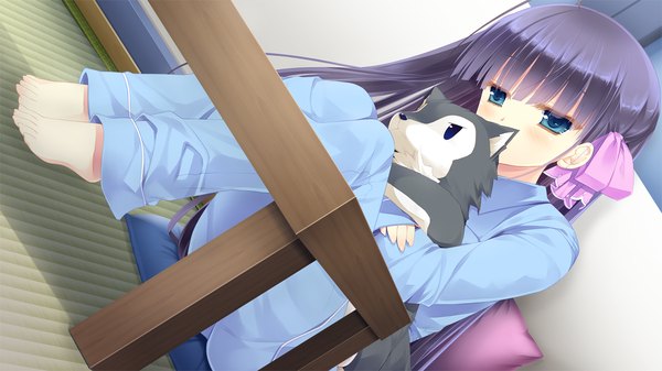 Anime picture 1280x720 with gangsta alcadia mizugaki koori miyasu risa long hair blush fringe blue eyes wide image blue hair game cg blunt bangs hug girl bow hair bow animal pajamas dog