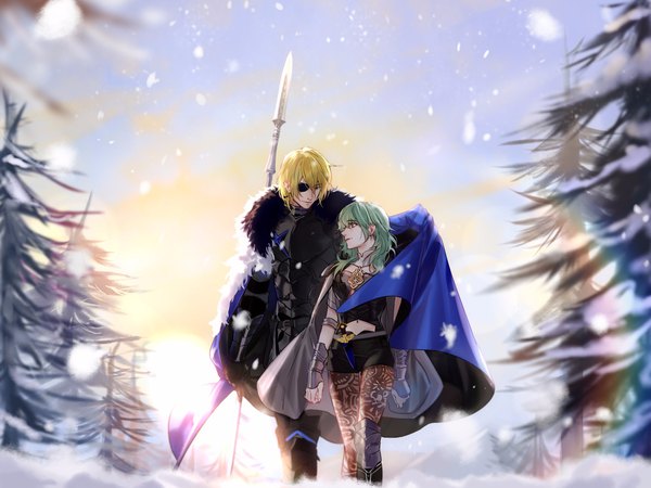 Anime picture 2000x1500 with fire emblem fire emblem: three houses nintendo byleth (fire emblem) dimitri alexandre blaiddyd byleth (female) (fire emblem) enlightened byleth (female) tang xinzi fringe highres short hair blue eyes blonde hair hair between eyes standing green eyes looking away sky outdoors profile