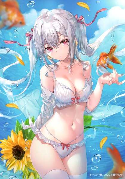 Anime picture 2096x3002 with original miwabe sakura single long hair tall image looking at viewer fringe highres breasts light erotic hair between eyes red eyes large breasts standing twintails payot sky cleavage silver hair cloud (clouds)
