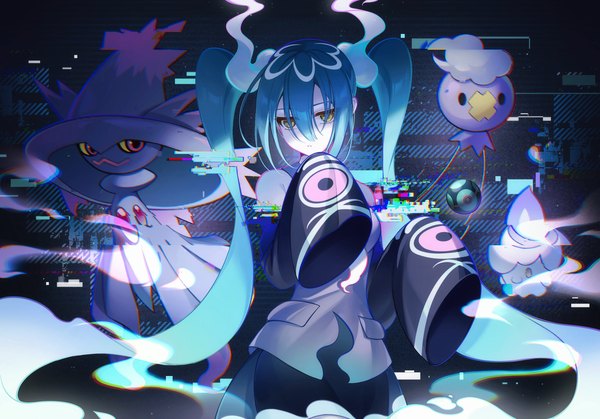 Anime picture 3500x2445 with pokemon vocaloid nintendo project voltage hatsune miku mismagius drifloon ghost miku (project voltage) litwick kanvien single looking at viewer fringe highres hair between eyes twintails yellow eyes absurdres long sleeves very long hair