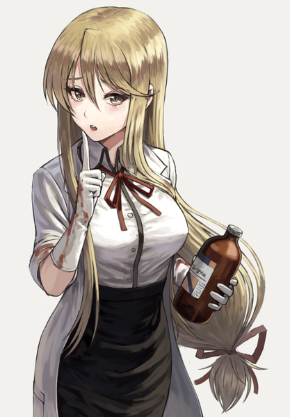 Anime picture 704x1014 with highschool of the dead madhouse marikawa shizuka fagi (kakikaki) single long hair tall image fringe open mouth simple background blonde hair hair between eyes white background holding yellow eyes looking away :o finger to mouth low ponytail bloody clothes