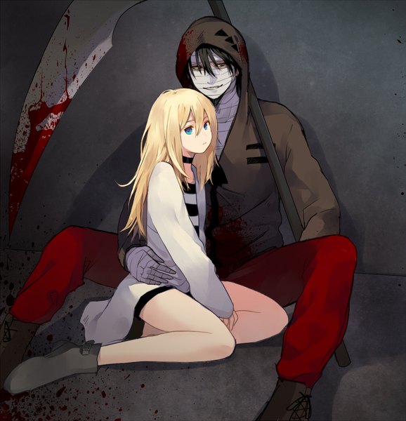 Anime picture 1000x1037 with satsuriku no tenshi ray (satsuriku no tenshi) zack (satsuriku no tenshi) hasegawa (yonbunnoichi) long hair tall image looking at viewer fringe short hair blue eyes black hair blonde hair smile hair between eyes sitting full body bent knee (knees) grey eyes couple hug