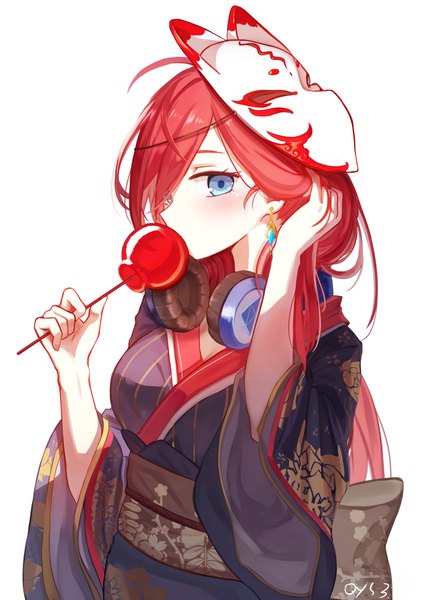 Anime-Bild 1273x1800 mit go-toubun no hanayome nakano miku qys3 single long hair tall image looking at viewer blush fringe blue eyes simple background white background holding signed ahoge red hair traditional clothes japanese clothes hair over one eye wide sleeves