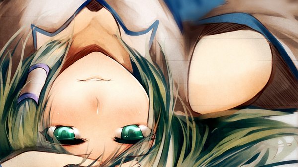 Anime picture 1600x901 with touhou kochiya sanae single long hair looking at viewer smile wide image bare shoulders green eyes green hair girl hair tubes