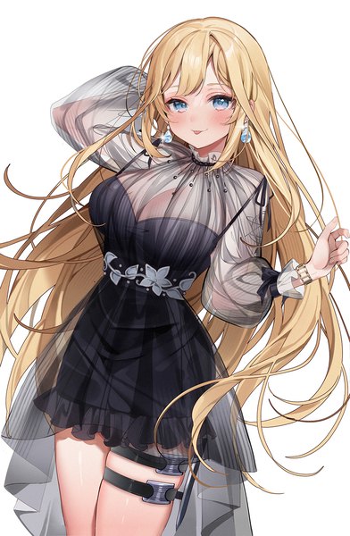 Anime picture 981x1500 with virtual youtuber hololive hololive english watson amelia machi (7769) single long hair tall image blush breasts blue eyes light erotic simple background blonde hair large breasts standing white background official alternate costume arm behind head alternate hairstyle