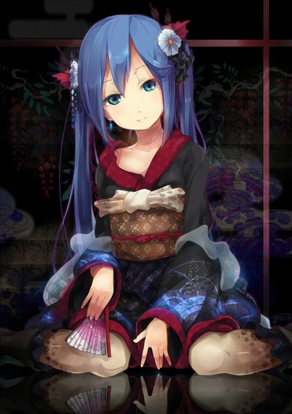 Anime picture 1060x1500 with vocaloid hatsune miku ogipote single long hair tall image looking at viewer smile sitting blue hair japanese clothes hair flower aqua eyes wariza girl hair ornament earrings fan yukata