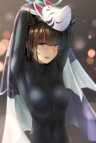 Anime picture 1105x1638 with kantai collection hatsuzuki destroyer kokuzou single tall image looking at viewer blush fringe short hair breasts open mouth light erotic simple background hair between eyes brown hair standing yellow eyes upper body traditional clothes :d