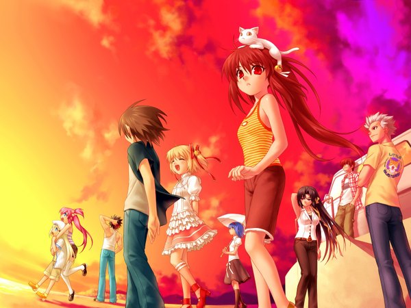 Anime picture 1600x1200 with little busters! key (studio) noumi kudryavka natsume rin kamikita komari kurugaya yuiko saigusa haruka nishizono mio naoe riki inohara masato miyazawa kengo zen (kamuro) animal on head cat on head animal natsume kyosuke