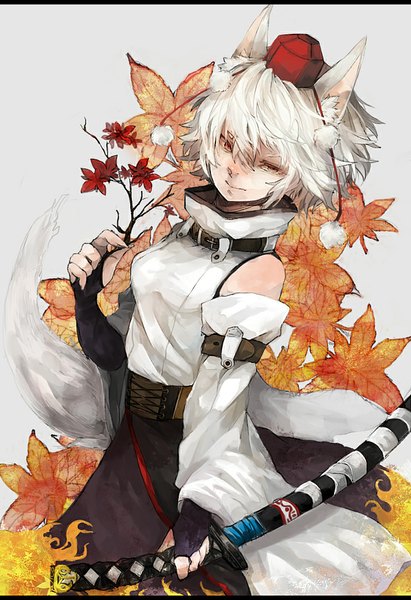 Anime picture 742x1083 with touhou inubashiri momiji frea single tall image fringe short hair simple background animal ears yellow eyes silver hair tail traditional clothes japanese clothes animal tail light smile grey background wide sleeves looking down wolf ears